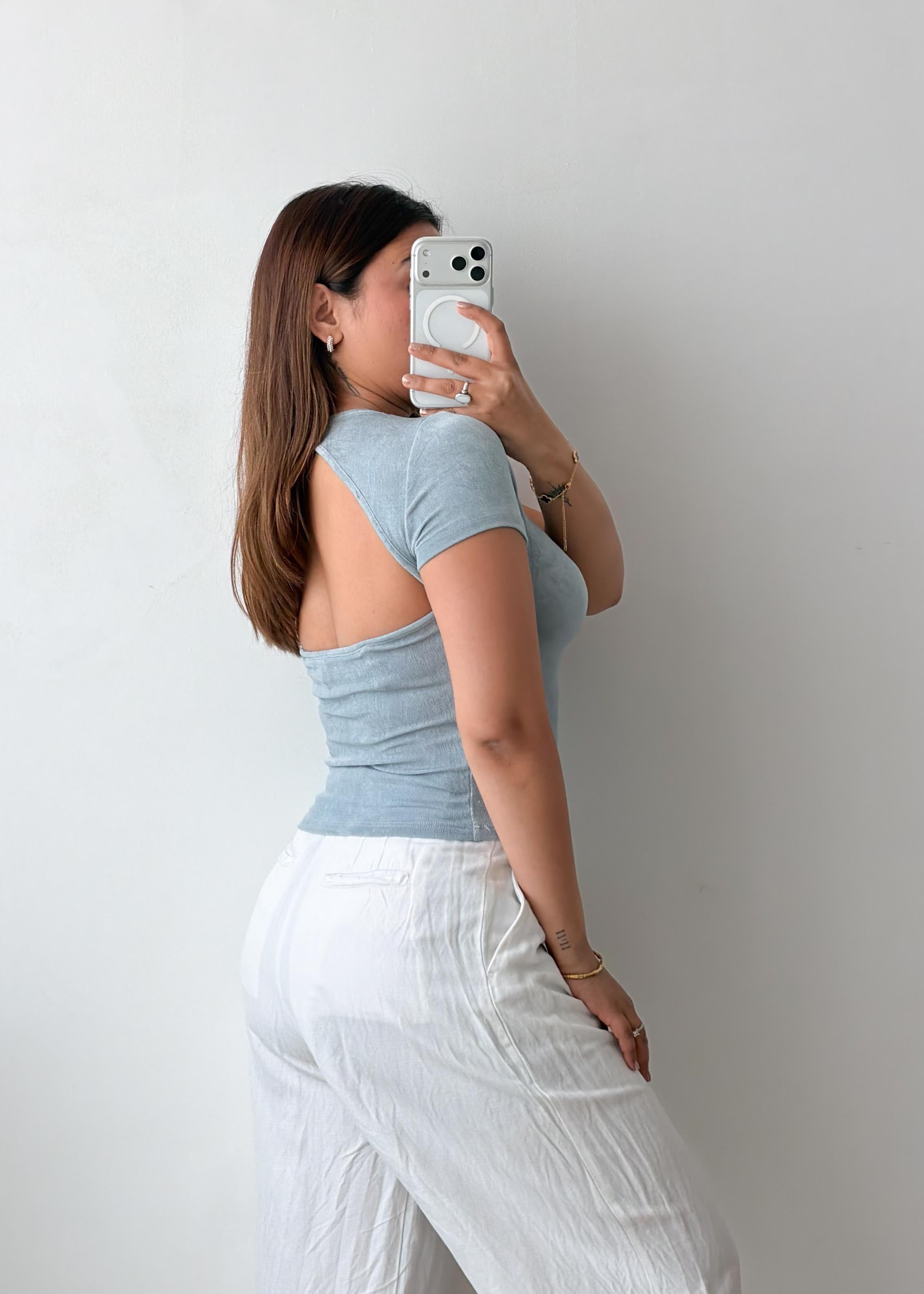 Size S-M Blue Open Back Fitted Top