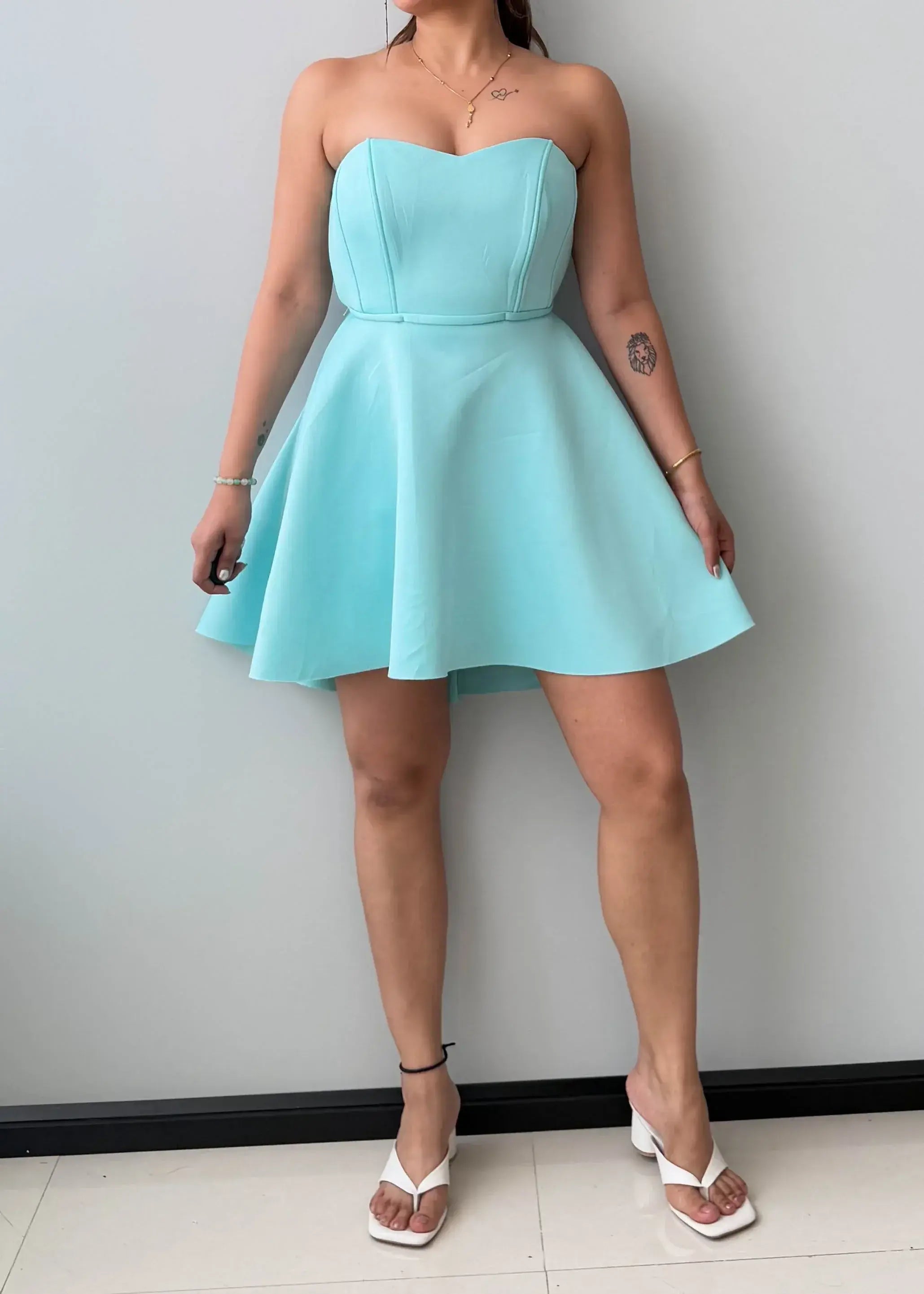 Size S-M, 4. Mint Strapless Flare Mini Dress - Closet by Payal
