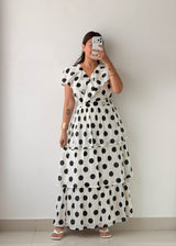 Size M-L White Polka Dot Tiered Maxi Dress