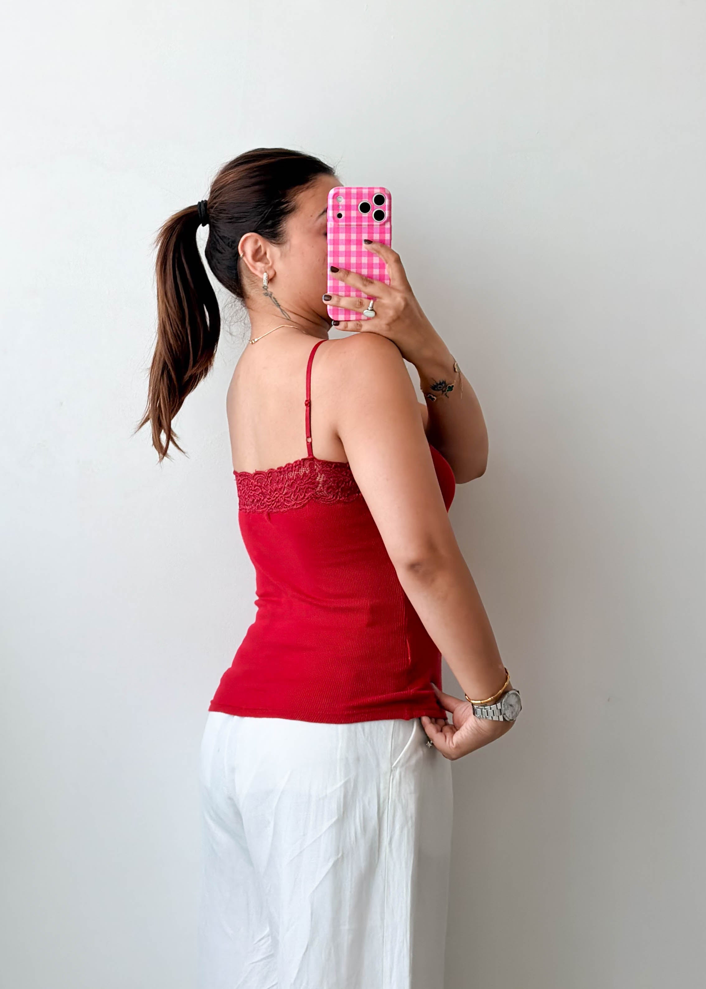 Size S-M Red Lace Trim Cami Top