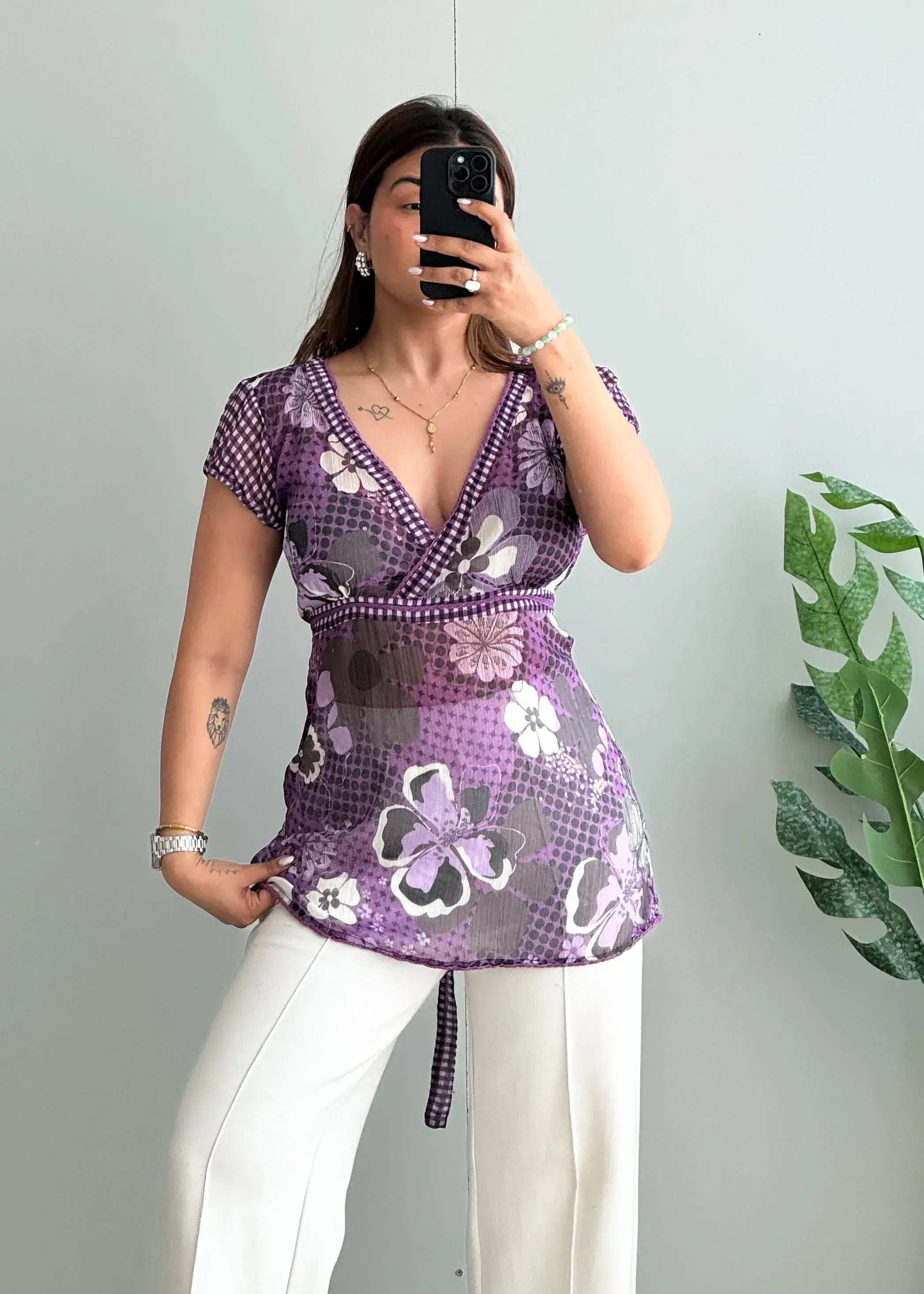 Size L-XL, Lavender Bloom Mesh Top - Closet by Payal