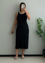 SIZE L-XL, Black Contrast Trim Sleeveless Midi Dress - Closet by Payal