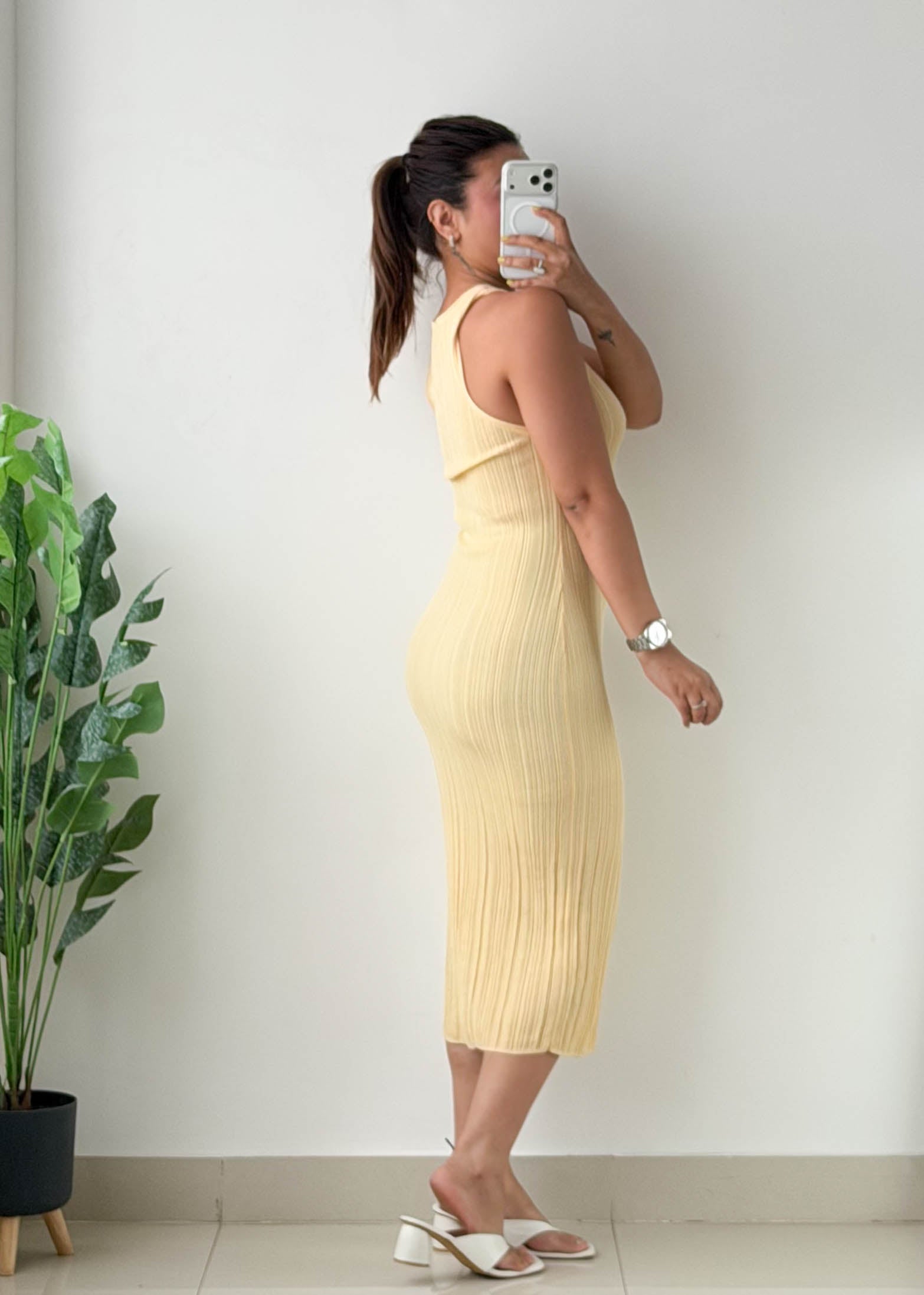 Size XS-S Butter Yellow Ribbed Midi Dress