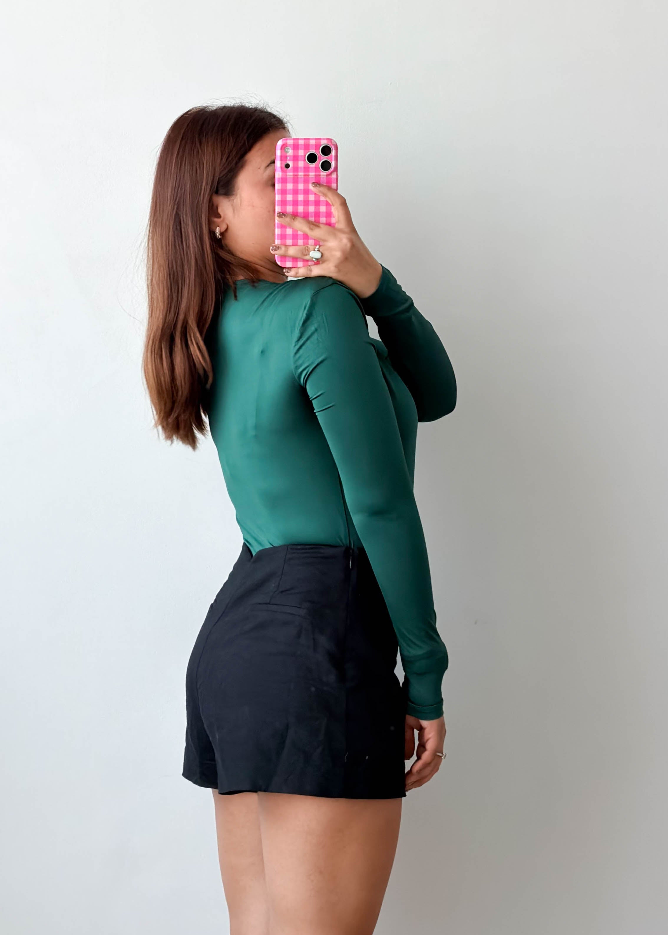Size XS-S Emerald Green Wrap V-Neck Long Sleeve Bodysuit