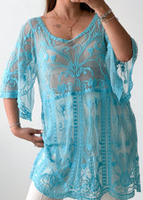 Free Size Aqua Blue Embroidered Mesh Kaftan Top