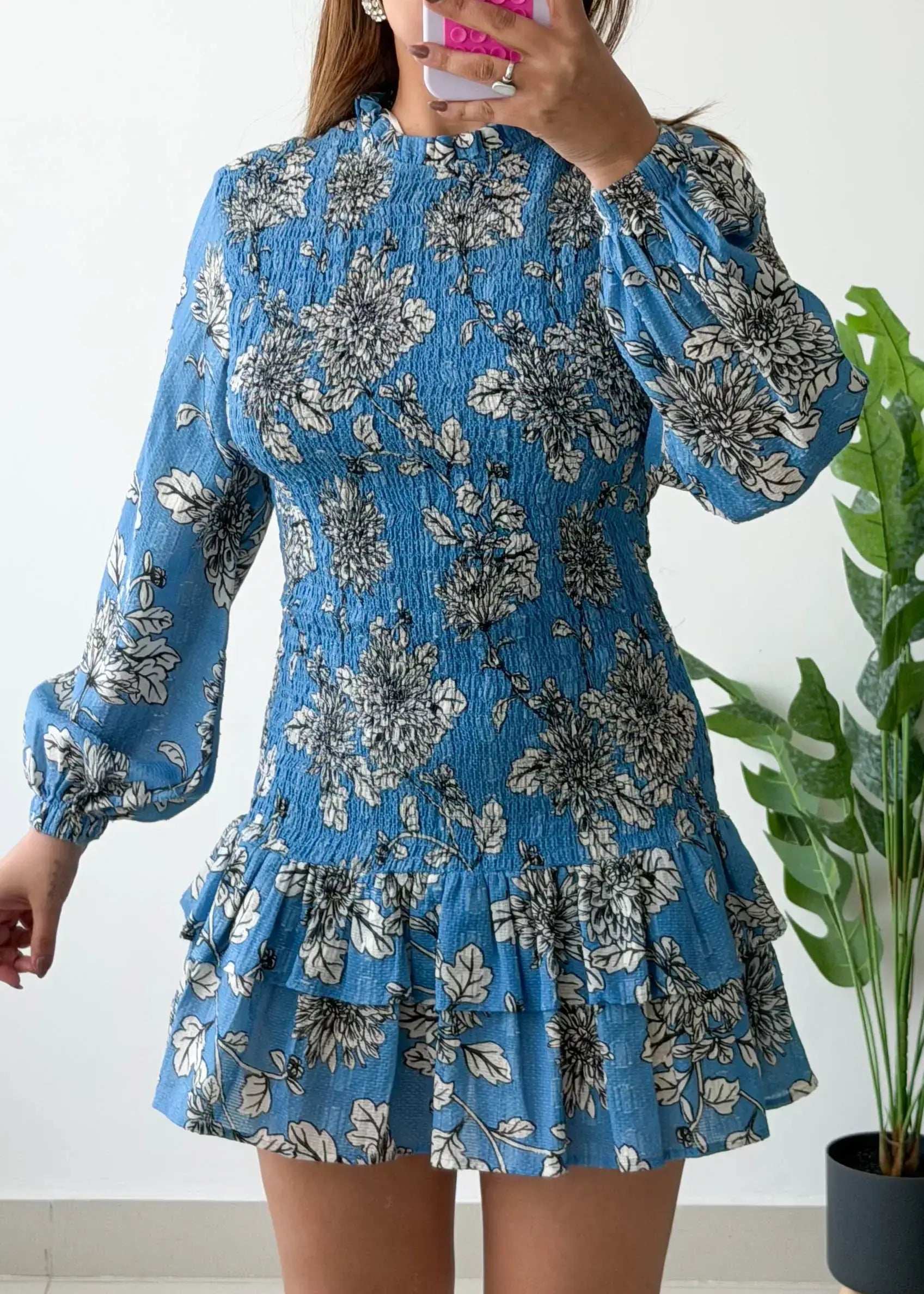 Size S-M, Blue Floral High Neck Mini Dress