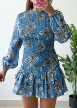 Size S-M, Blue Floral High Neck Mini Dress
