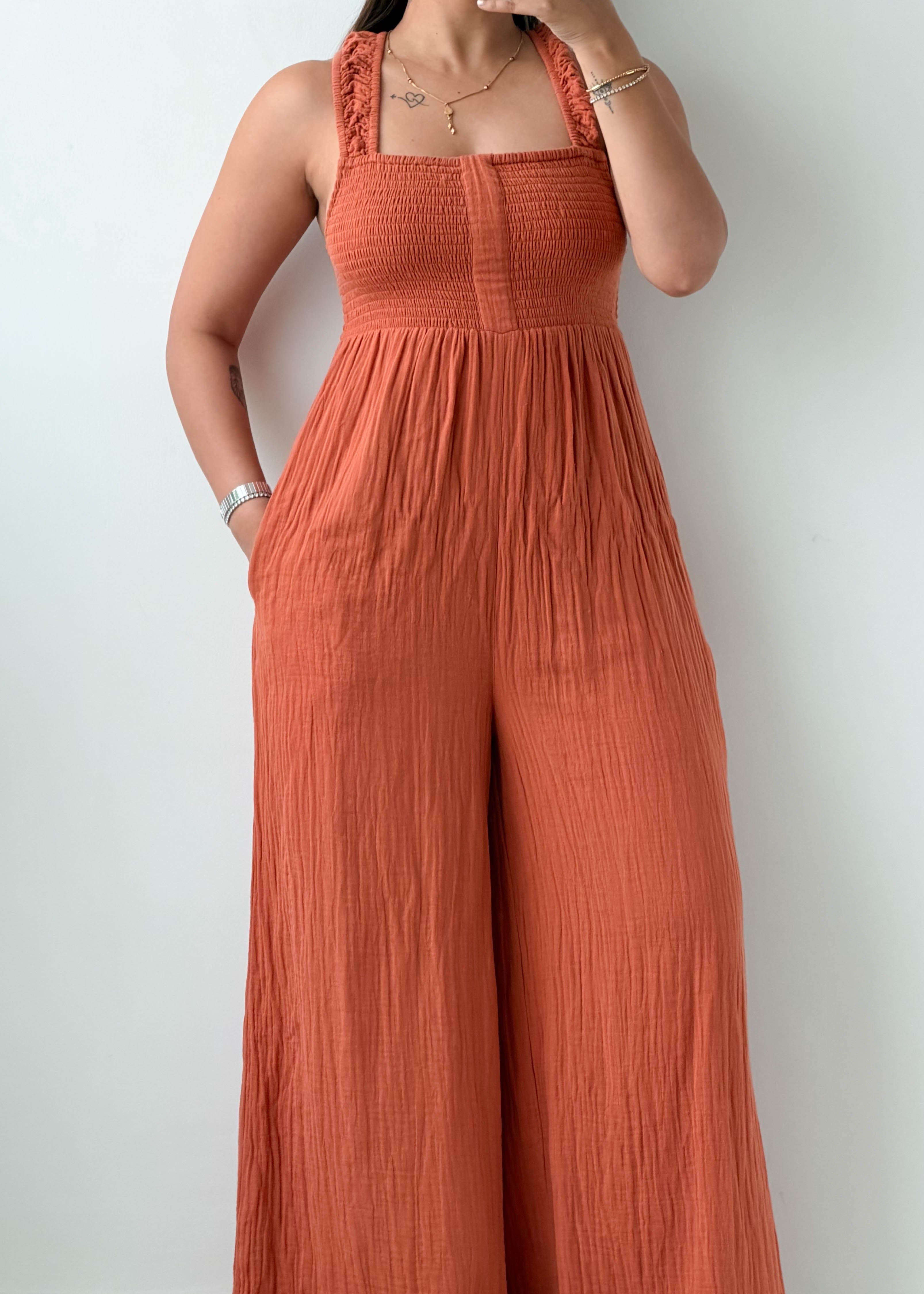 Size M-L Rust Orange Textured Jumpsuit
