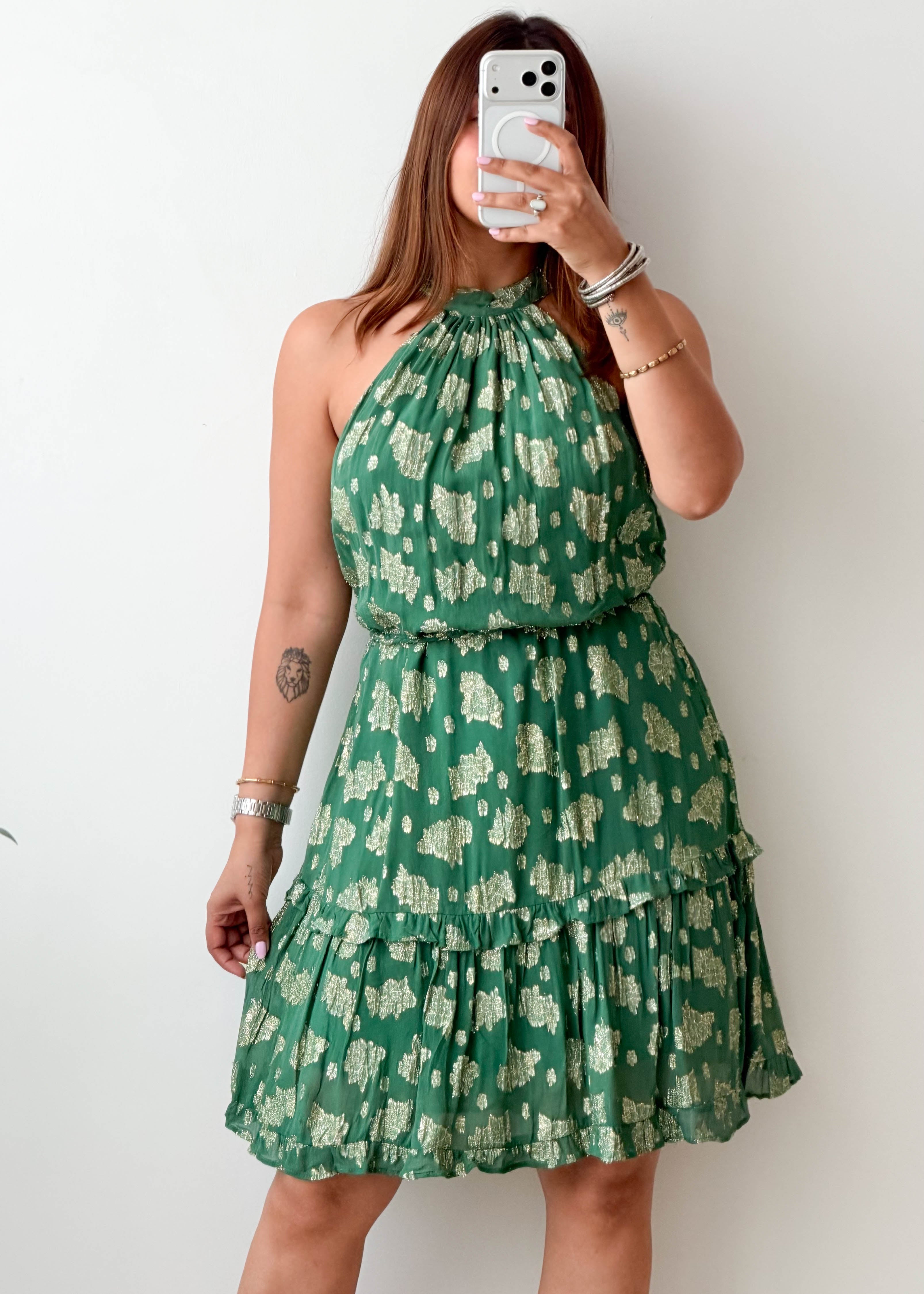 Size M-L Green Floral Halter Mini Dress