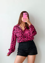 Size S-M Hot Pink Leopard Print Tie-Front Shirt