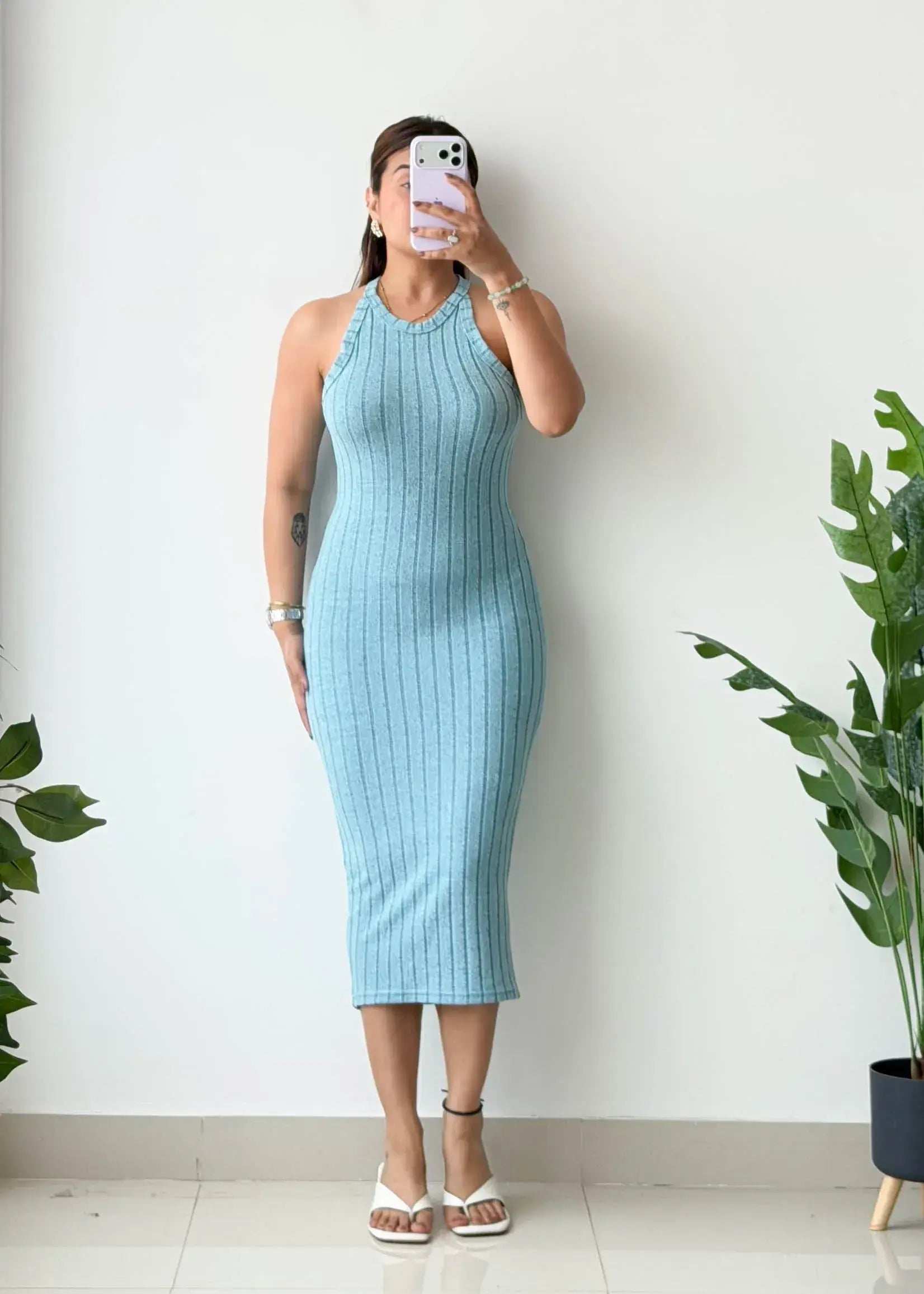 Size S-M, Blue Halter Neck Ribbed Midi Dress - Closet by Payal