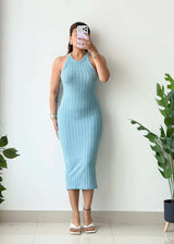 Size S-M, Blue Halter Neck Ribbed Midi Dress - Closet by Payal