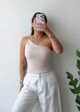 Size M, Beige One-Shoulder Top