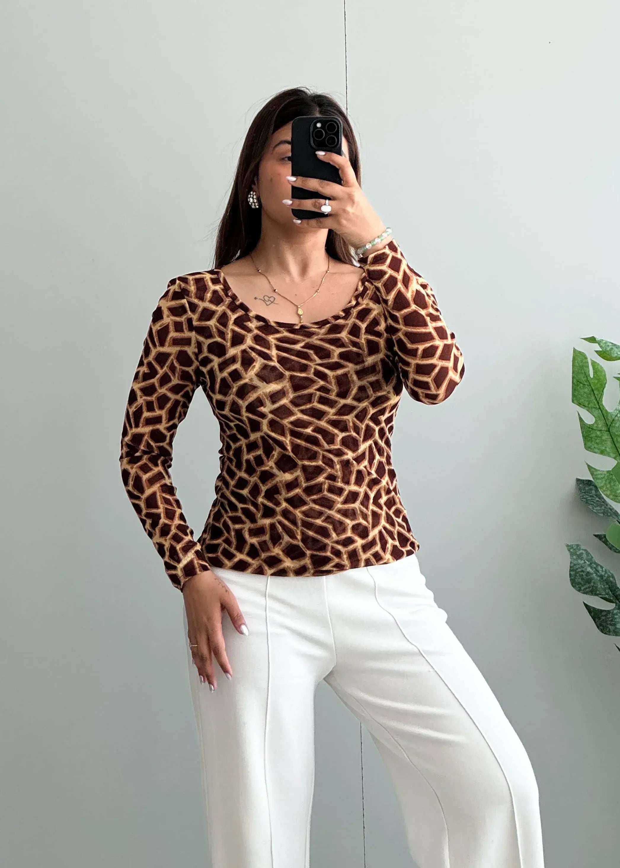 Size XS-S, Brown Abstract Animal Print Stretch Top - Closet by Payal