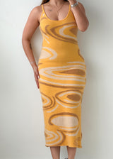 Size S-M Mustard Abstract Print Knit Midi Dress