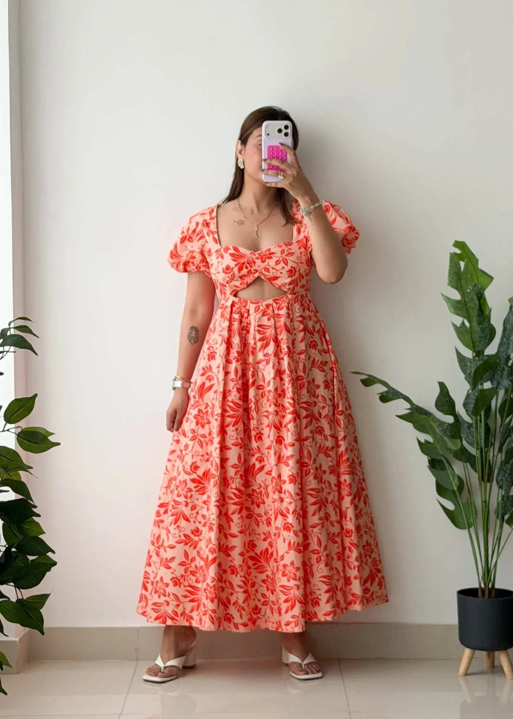 Size S-M, Coral Floral Cut-Out Midi Dress