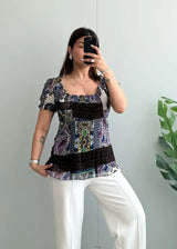Size M-L, Boho Patchwork Smocked Peplum Top for Women - Closet by Payal