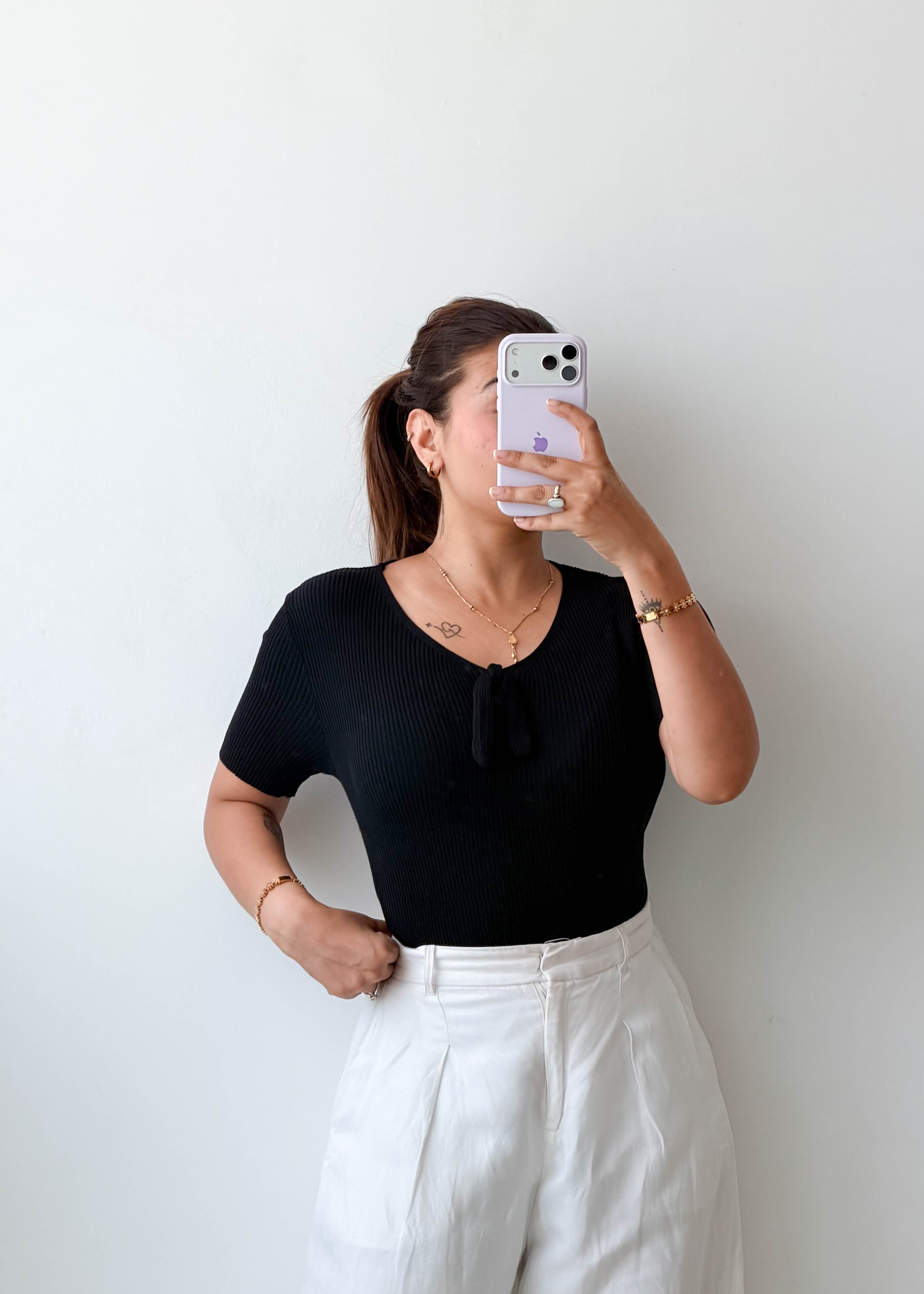 Size L-XL Black Ribbed Tie Front Top