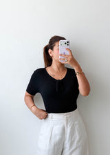 Size L-XL Black Ribbed Tie Front Top