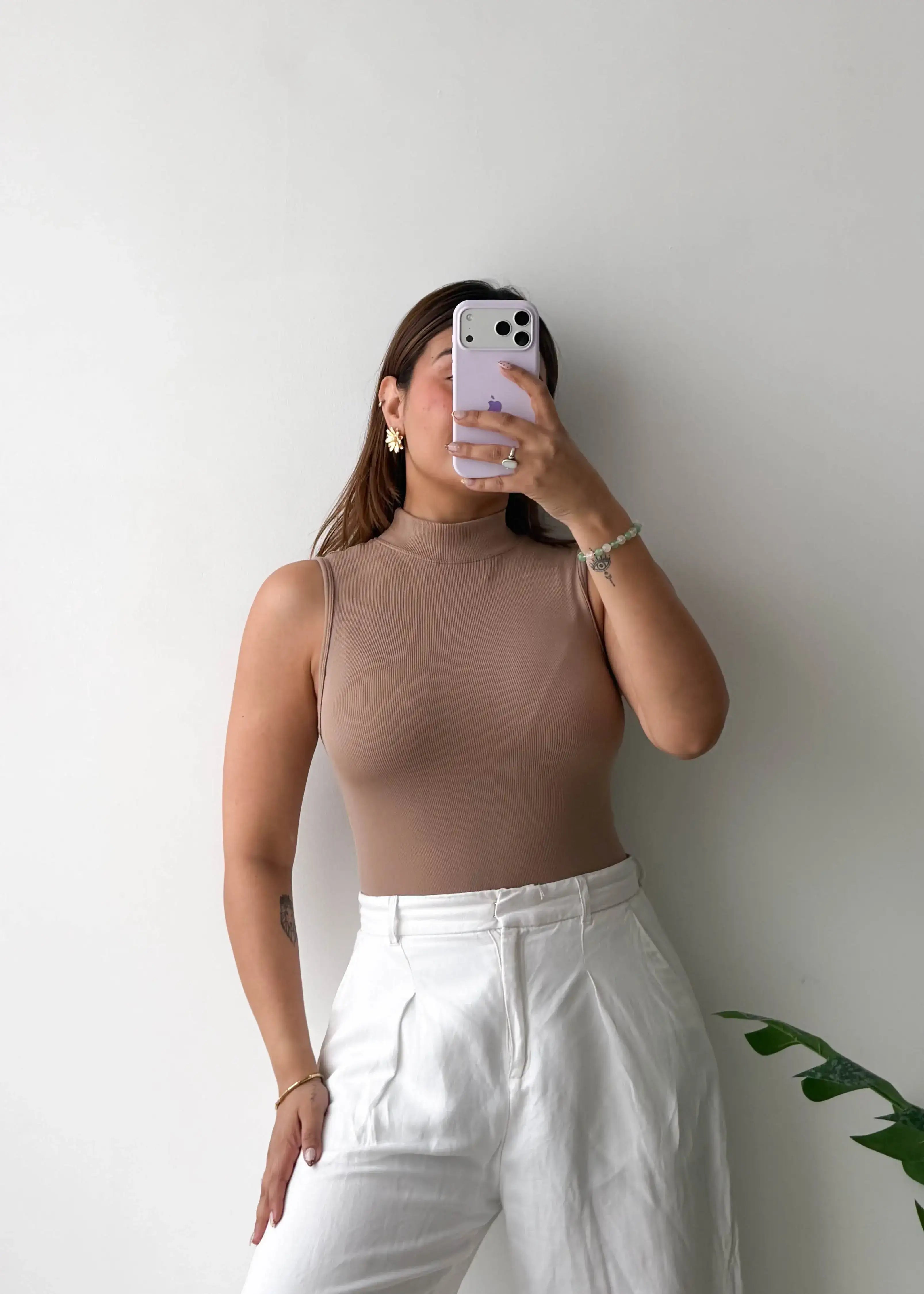 Size XS, Brown High Neck Sleeveless Bodysuit