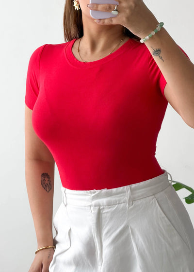 Size S-M, Red Crew Neck Half Sleeve Bodysuit
