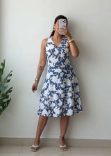Size M Blue White Floral Fit & Flare Dress