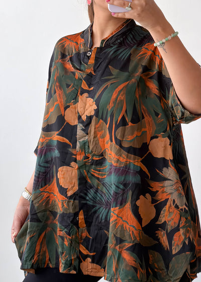 M-L Black Tropical Soft Chiffon Oversized Shirt
