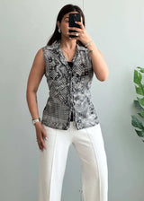 Size M-L, Sheer Lace Print Sleeveless Button Down Top with lining - Closet by Payal