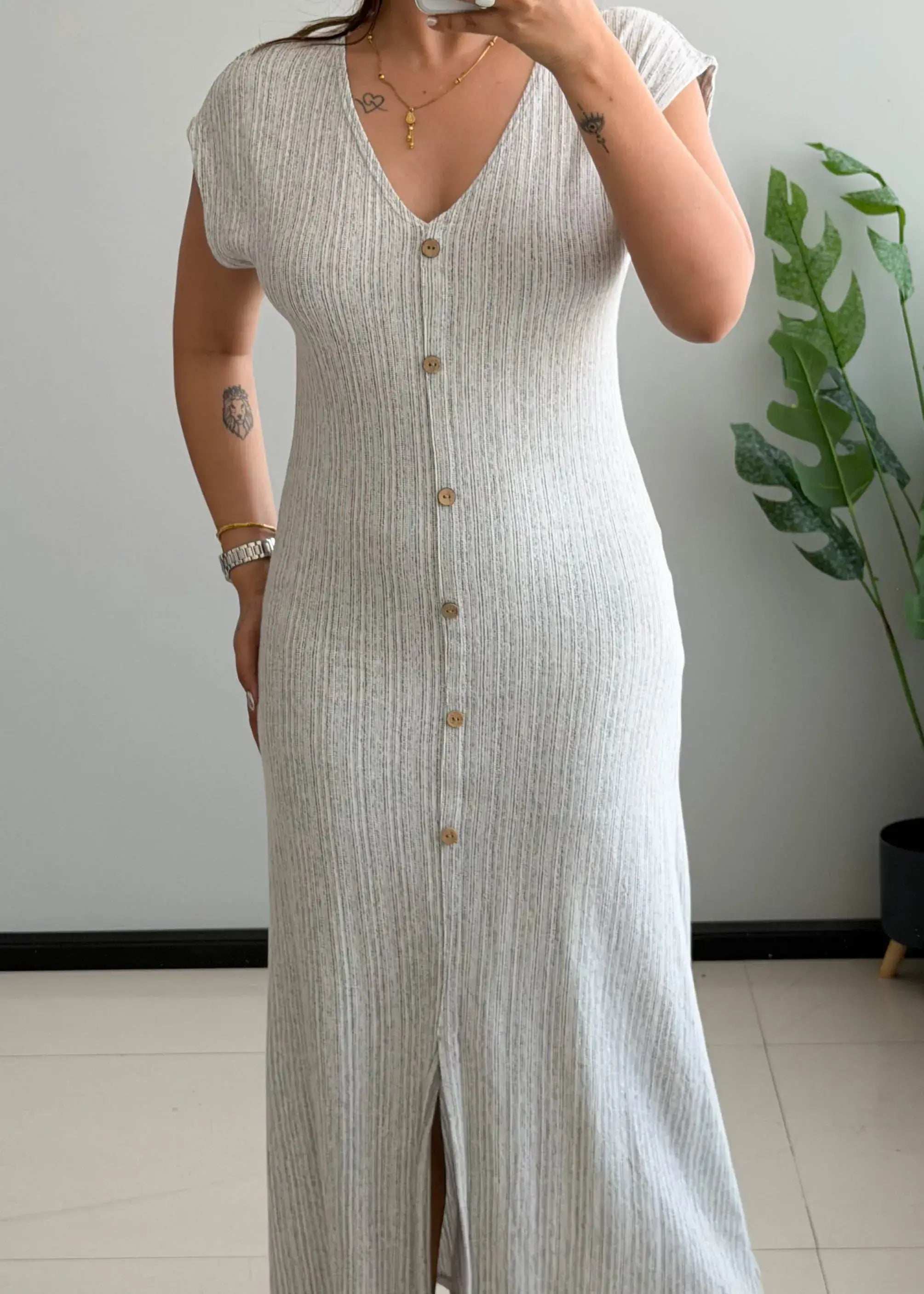 SIZE S-M, Light Grey Button Front Ribbed Midi Dress - Closet by Payal