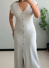 SIZE S-M, Light Grey Button Front Ribbed Midi Dress - Closet by Payal