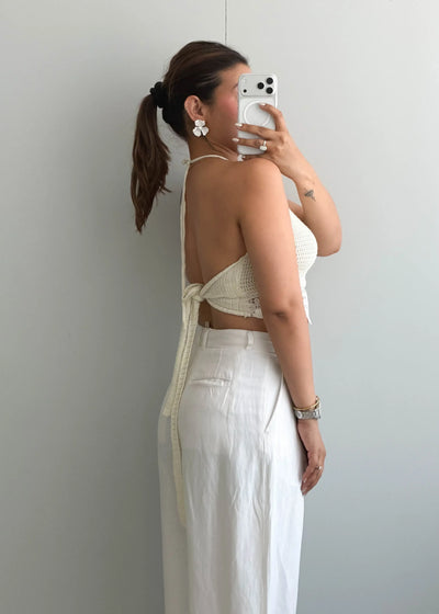 Size S-M, Cream Lace Trim Halter Crop Top - Closet by Payal