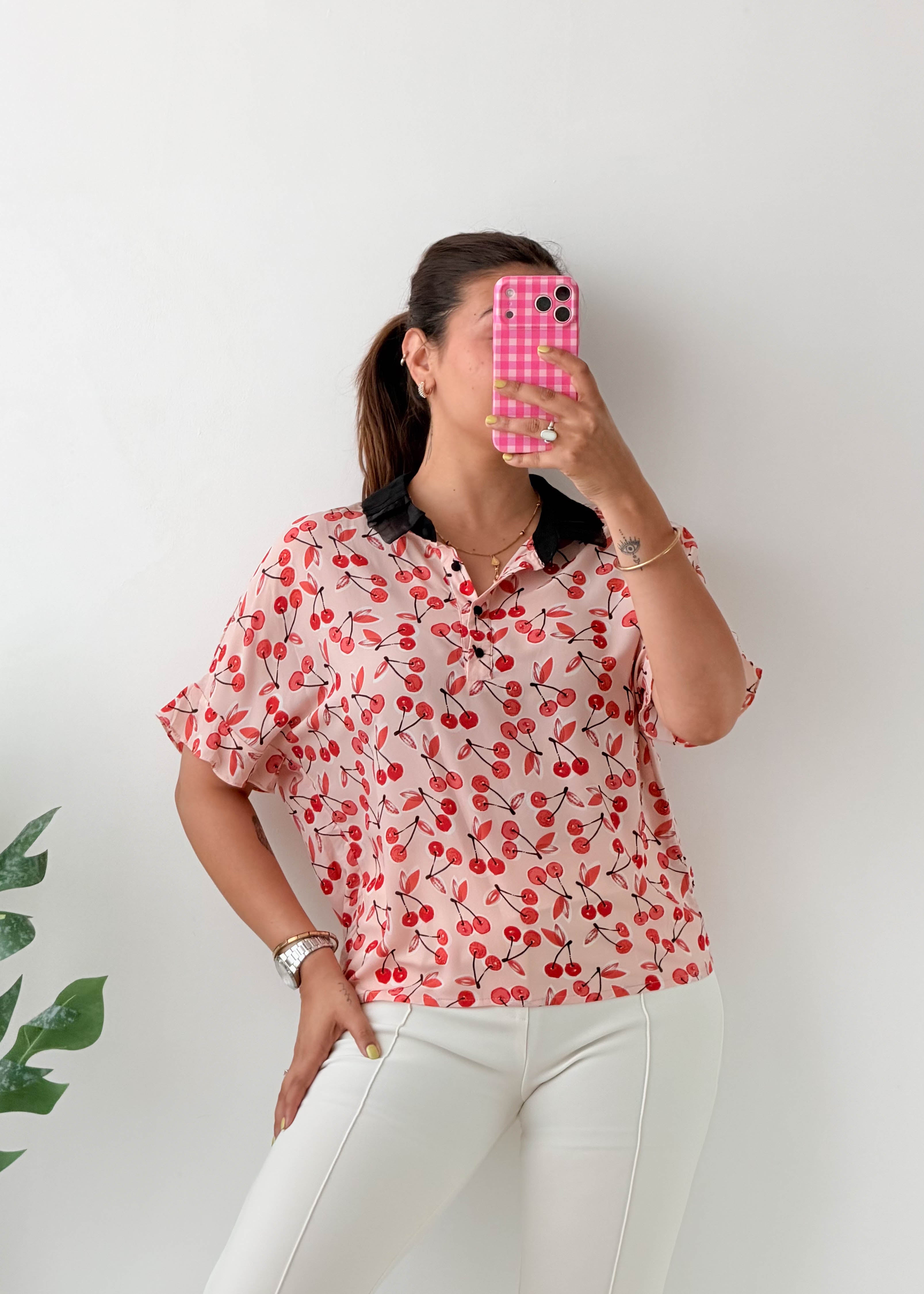 Size S-M Pink Cherry Print Shirt