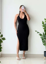 Size XS-S, Black Halter Neck Ribbed Midi Dress - Closet by Payal