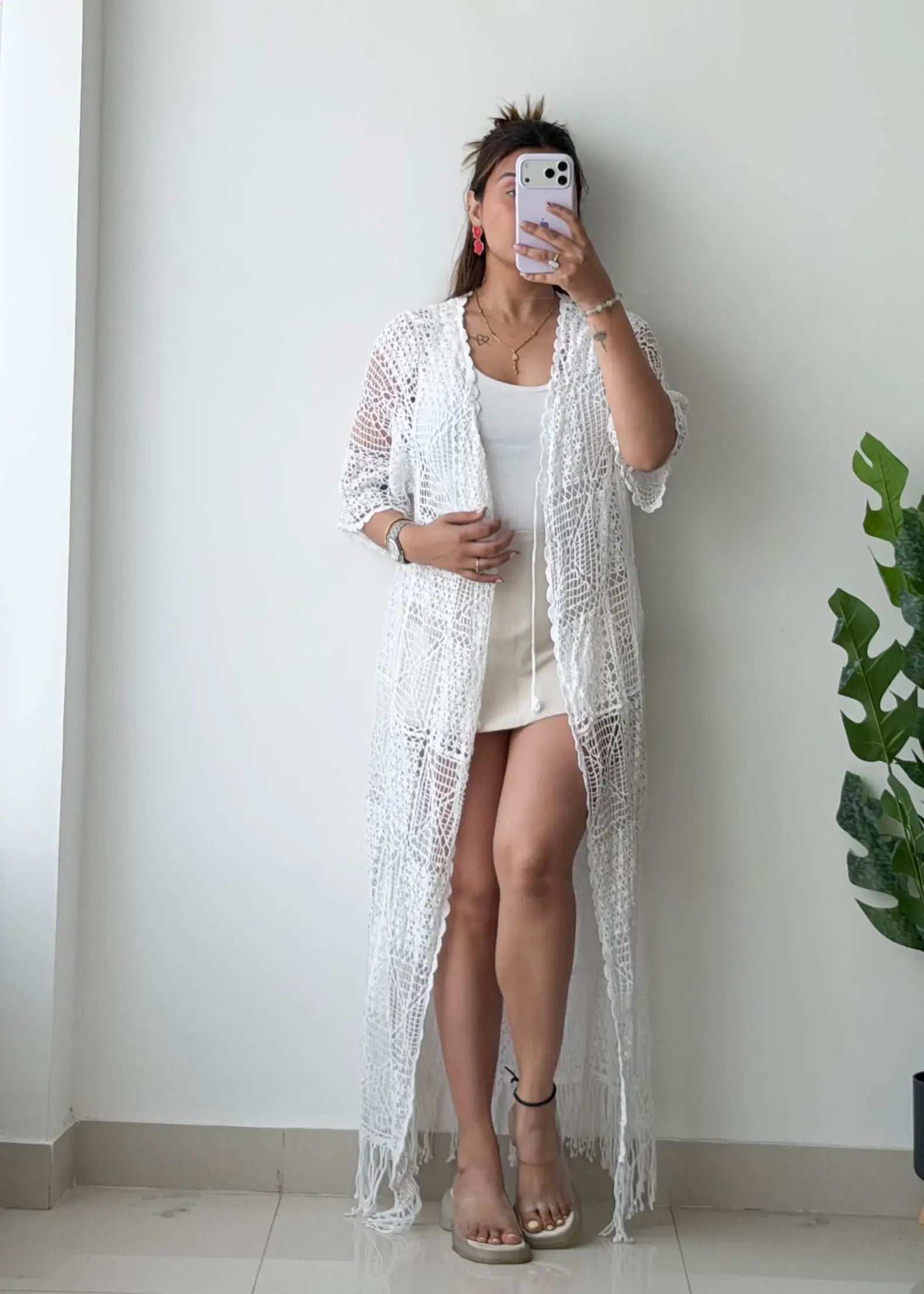Size L-XL, White Crochet Cover-Up Dress
