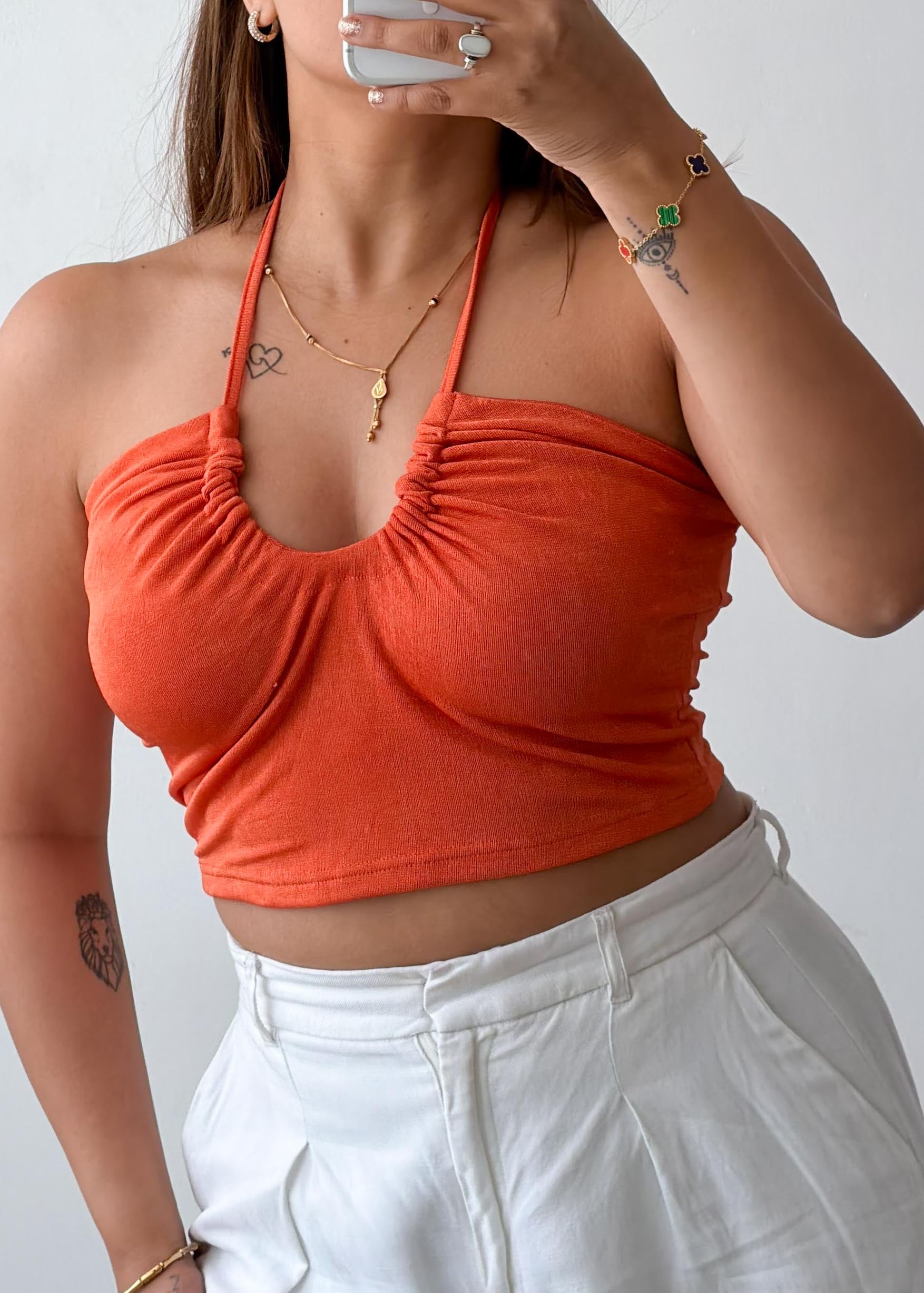Size S-M Orange Ruched Halter Crop Top