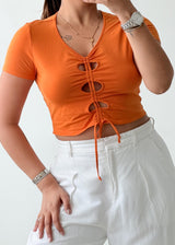 Size S-M Orange Ruched Tie Front Top