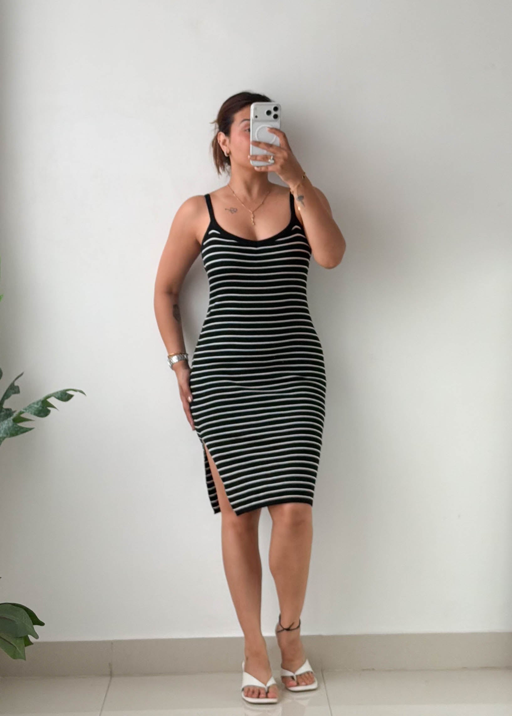 Size S-M Black Striped Ribbed Knit Midi Dress