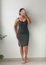 Size S-M Black Striped Ribbed Knit Midi Dress
