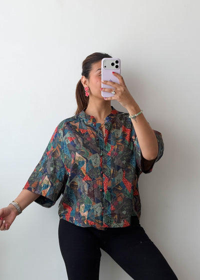 M-L Multi Abstract Print Oversized Soft Chiffon Shirt