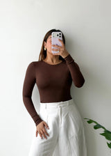 Size S, Chocolate Brown Crew Neck Bodysuit