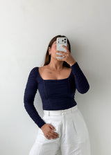 Size XS-S Navy Ruched Square Neck Bodysuit