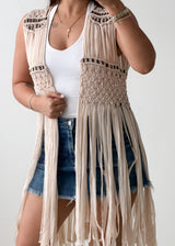 Free Size Beige Fringe Crochet Vest Top