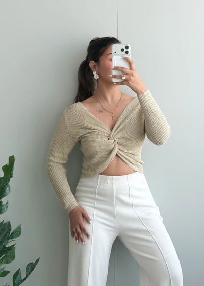Size S-M, Beige Twist Front Crop Top - Closet by Payal