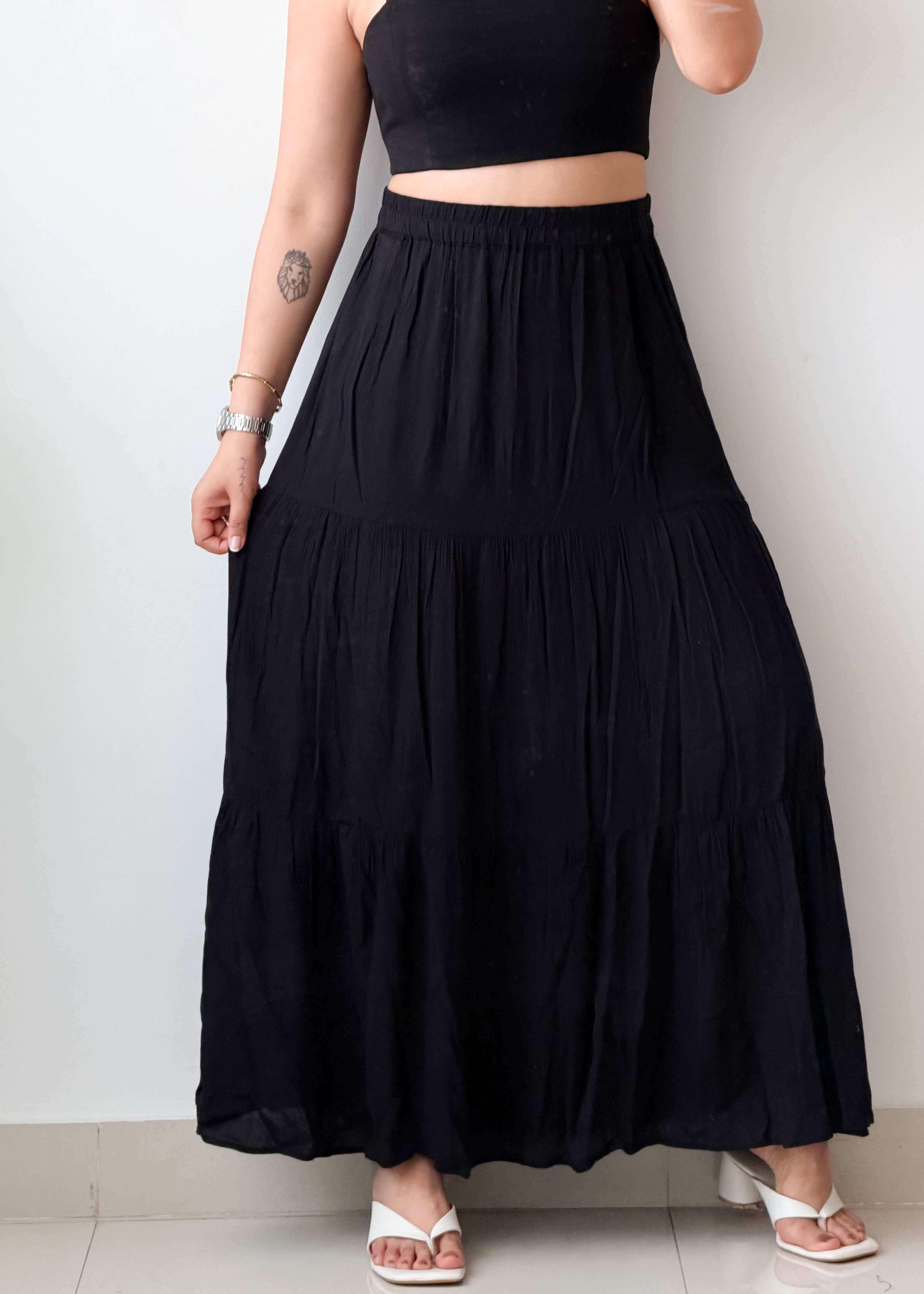 Waist 30-32 Black Tiered Maxi Skirt