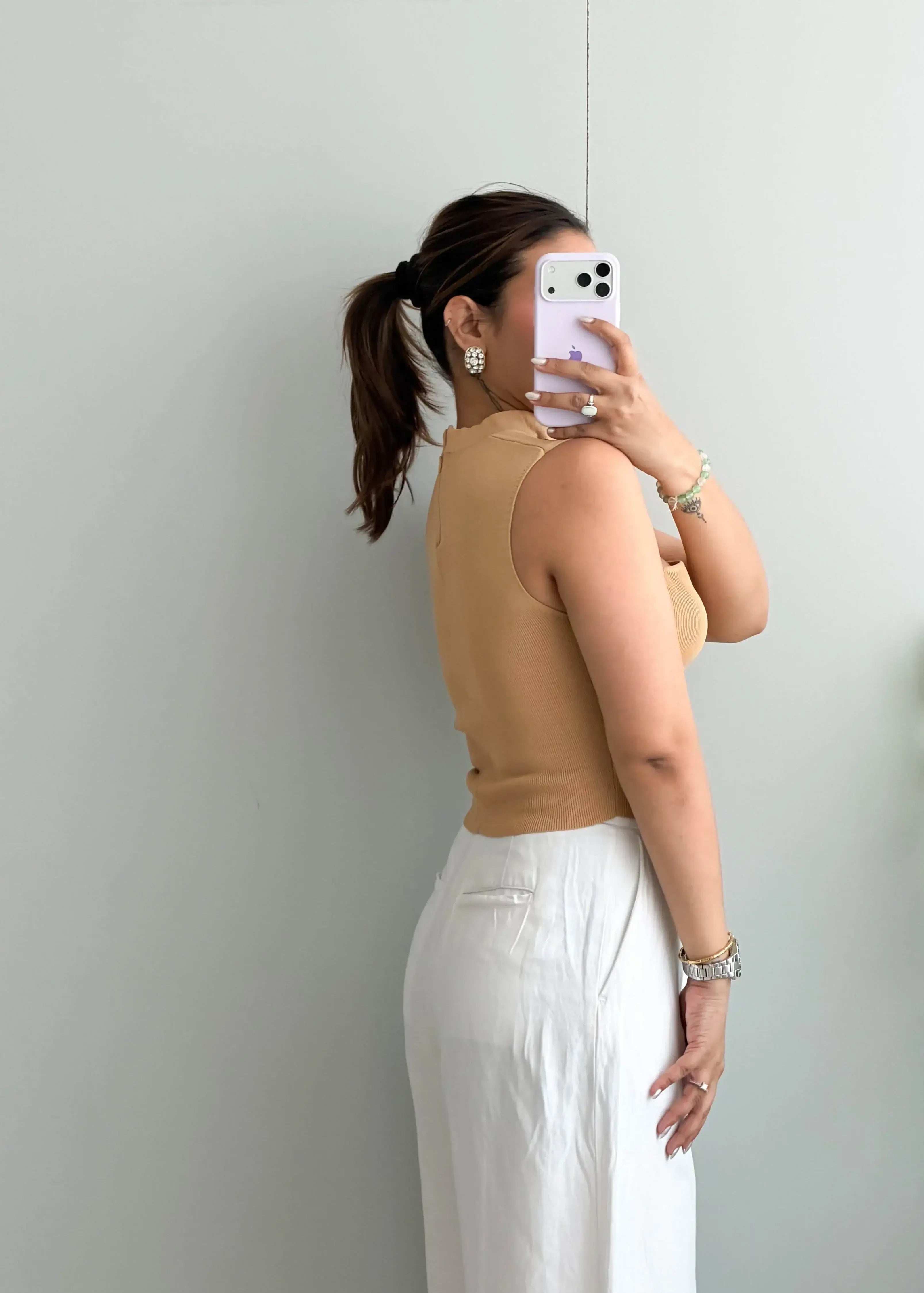Size XS-S, Beige Square Neck Ribbed Top - Closet by Payal