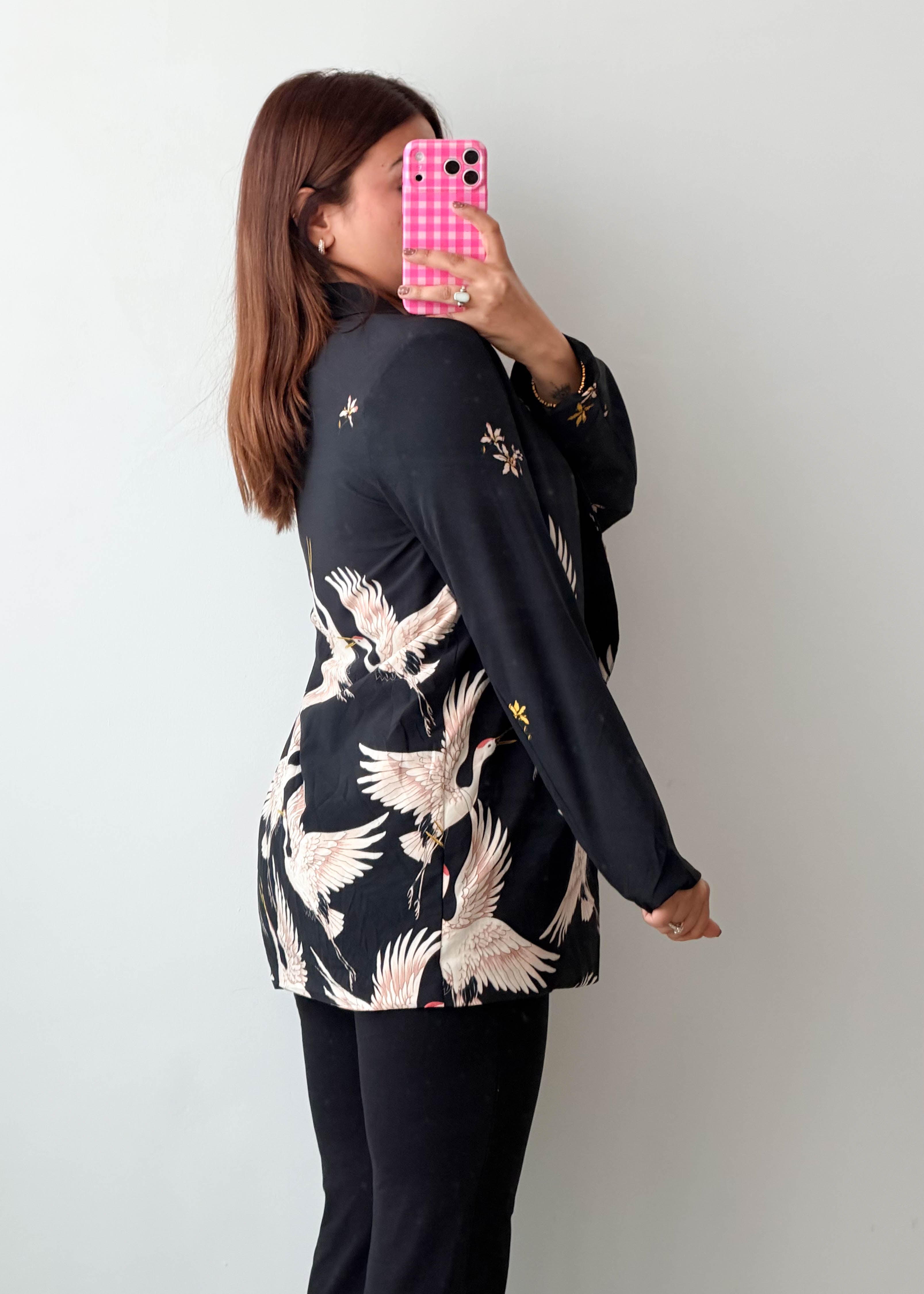 Size S-M Black Crane Print Blazer Jacket