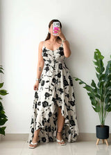 Size M-L, White & Black Floral High-Low Dress
