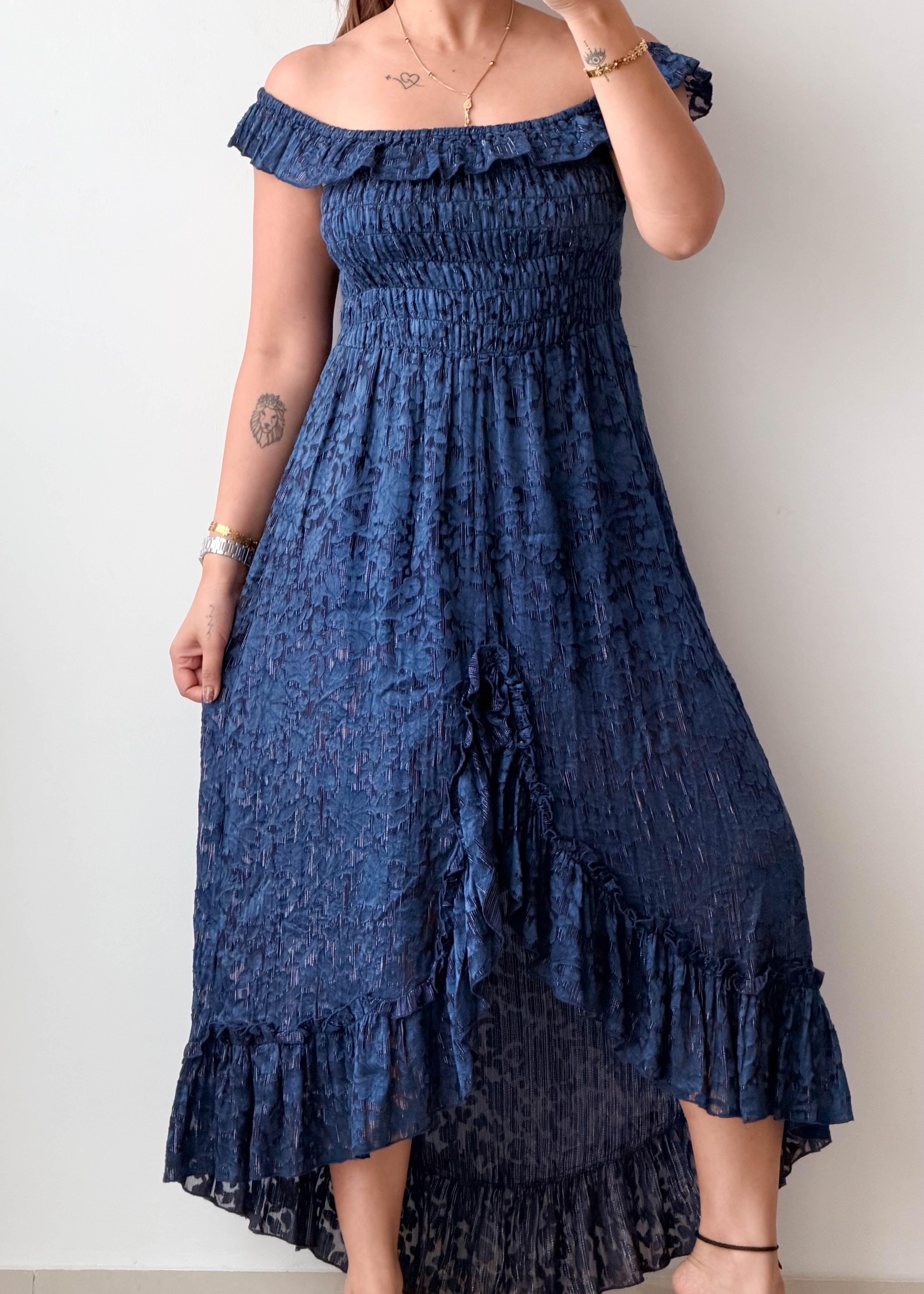 Size XS-S Navy Off-Shoulder High-Low Maxi Dress