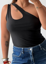 Size M-L Black One-Shoulder Cut-Out Bodysuit