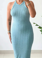 Size S-M, Blue Halter Neck Ribbed Midi Dress - Closet by Payal